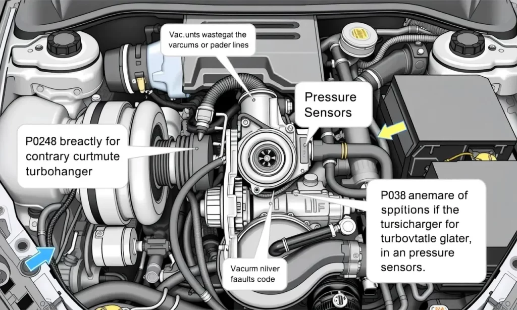A detailed technical diagram showing the turbocharger system and vacuum lines in a car engine, with highlighted components related to fault code P0248, such as the wastegate, vacuum solenoid, and pressure sensors, in a clean, professional mechanical illustration style