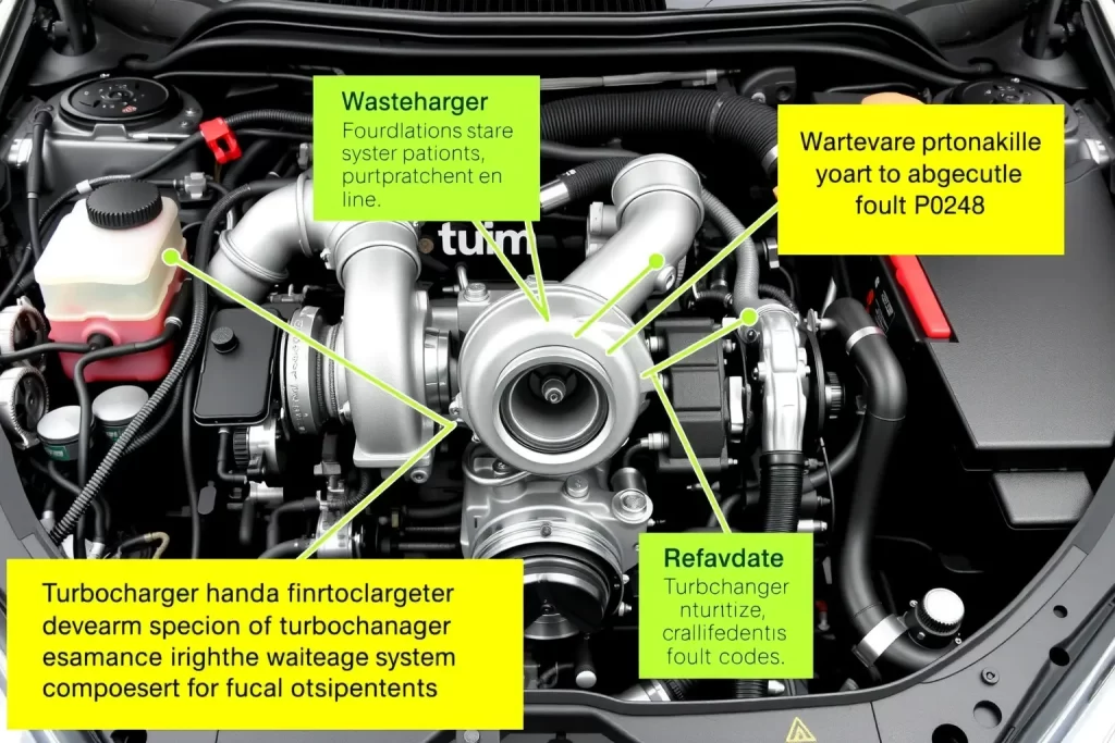 A detailed technical diagram showing the turbocharger system and wastegate mechanism in a car engine, with highlighted components related to fault code P0248, clean and professional automotive workshop background, no text or labels