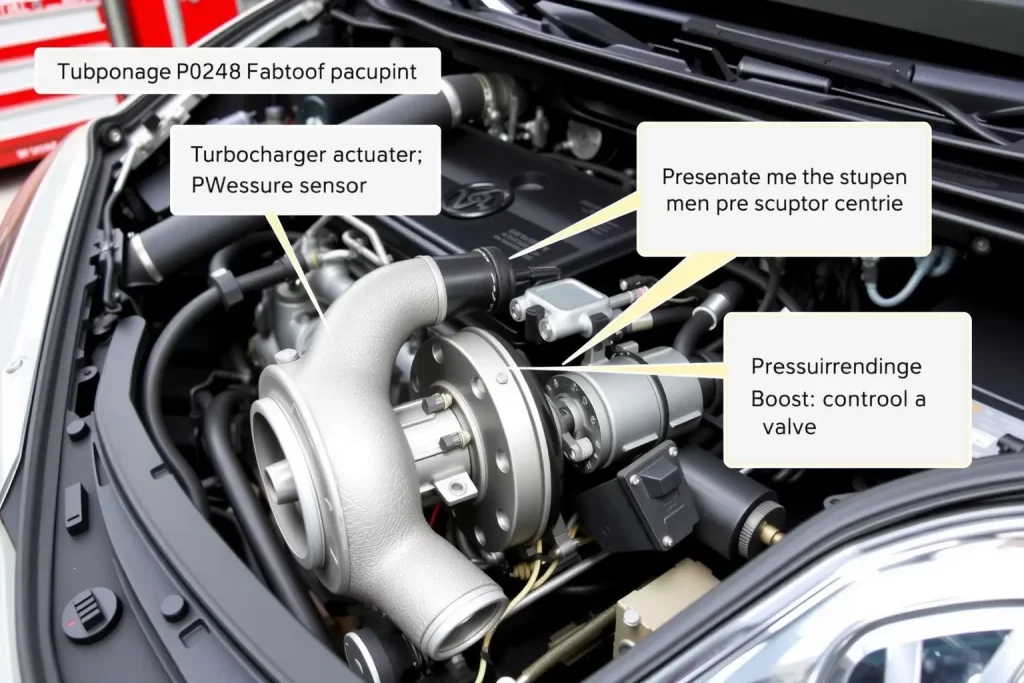A detailed technical diagram showing the turbocharger system and wastegate mechanism in a car engine, with highlighted components related to fault code P0248, such as the turbocharger actuator, pressure sensor, and boost control valve, in a clean, professional automotive workshop environment