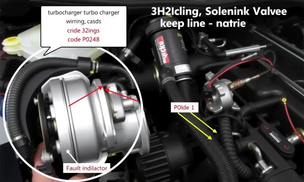 A detailed technical diagram showing the turbocharger solenoid valve and its wiring harness, with labeled components and fault indicators for code P0248, in a clean automotive workshop environment
