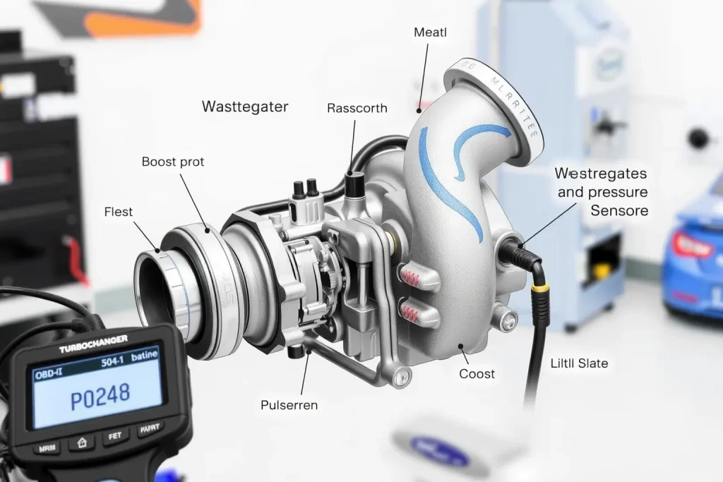 A detailed technical diagram showing a turbocharger system with labeled components, highlighting the wastegate and boost pressure sensor, with a diagnostic tool connected to a car's OBD-II port displaying code P0248, clean and professional automotive workshop environment