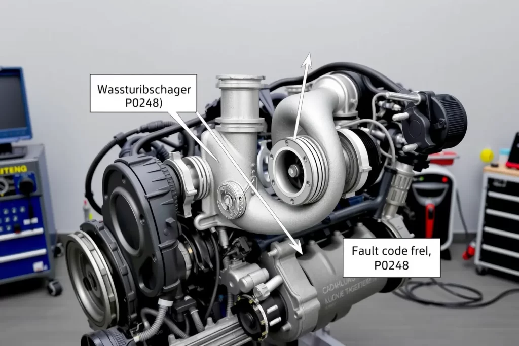 A technical diagram showing the turbocharger system and wastegate mechanism of a car engine, with highlighted components related to fault code P0248, set against a clean workshop background with subtle diagnostic tools nearby
