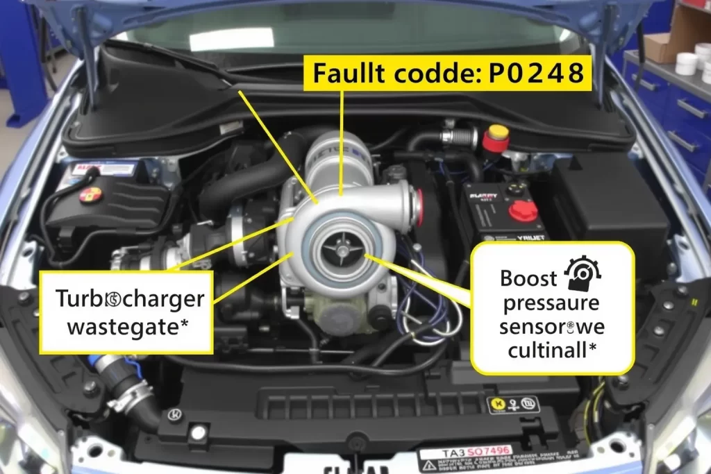 A technical diagram showing the turbocharger system of a car with highlighted components related to fault code P0248, including the turbocharger wastegate, boost pressure sensor, and associated wiring, in a clean, professional automotive workshop environment