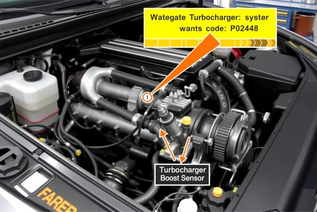 A detailed technical diagram showing the turbocharger system and wastegate mechanism in a car engine, with highlighted components related to fault code P0248, such as the turbocharger boost sensor and control solenoid, in a clean, professional automotive workshop environment