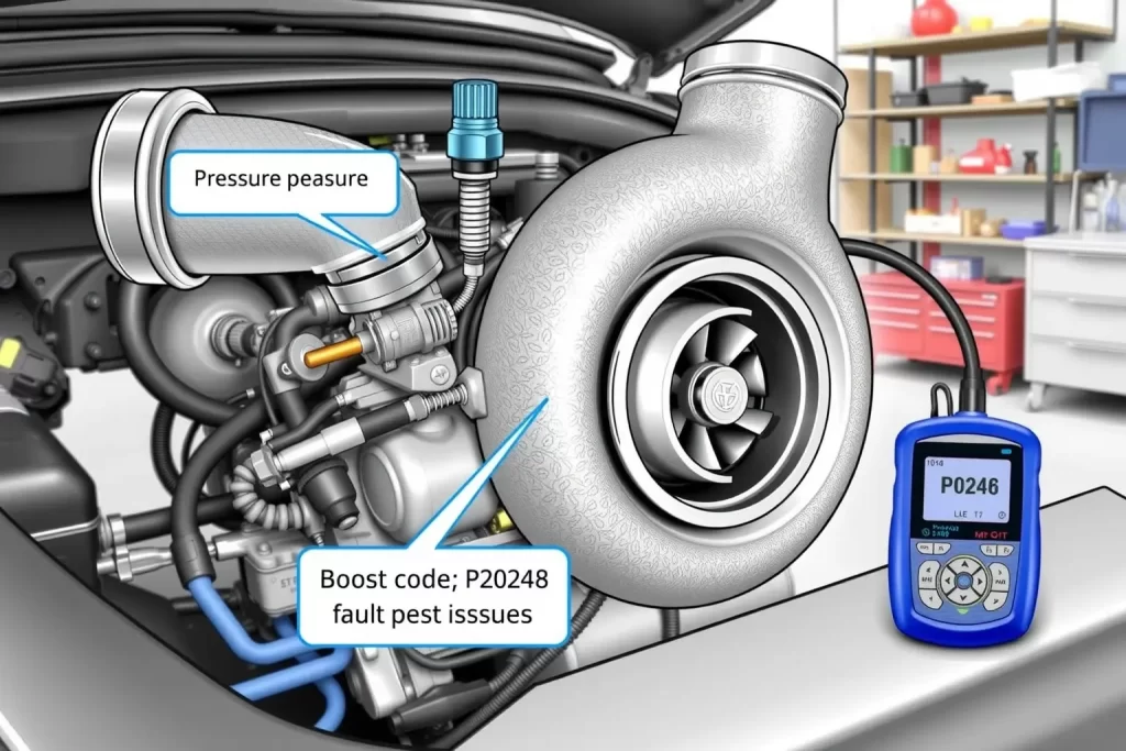 A detailed technical illustration of a turbocharger with pressure sensors and diagnostic tools showing the measurement of boost pressure, highlighting potential issues related to fault code P0248, in a clean automotive workshop environment