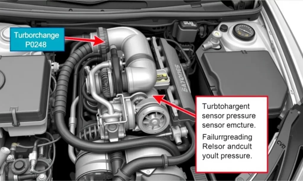 A technical diagram showing the turbocharger system and boost pressure sensor in a car engine, with highlighted components and arrows indicating potential failure points related to fault code P0248, clean and professional mechanical illustration