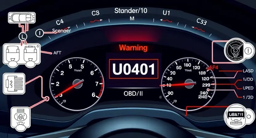A high-quality technical illustration showing a modern car dashboard with illuminated warning lights, specifically highlighting the U0401 error code on an OBD-II scanner screen, surrounded by schematic wiring diagrams and sensor icons, clean lines, technical precision, neutral color palette, no text or numbers visible