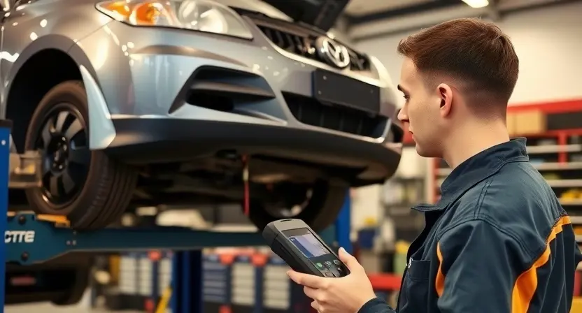 A mechanic using a diagnostic scanner to check the engine of a car. The car is lifted on a hydraulic lift, revealing the engine compartment. The mechanic is focused on the scanner's display, with wires connected to the car's engine. The background shows a well-lit auto repair shop with tools and equipment visible.