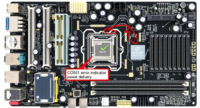 A detailed schematic diagram of a computer motherboard, highlighting the C0551 error indicator. Focus on the chipset and power delivery components. The diagram should be clean and professional, suitable for technical documentation.