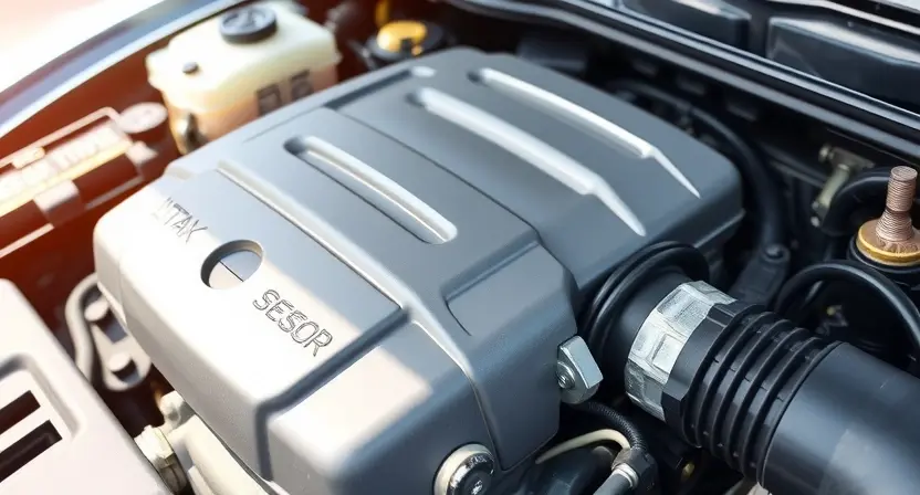 A close-up of a car engine bay, focusing on the intake manifold and associated sensors. The image should depict a clean, well-maintained engine. Highlight the area where the intake air temperature sensor is located. The overall lighting should be bright and clear, showcasing the components in detail. The background should be slightly blurred to emphasize the engine components.