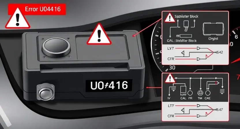 A high-quality technical illustration showing a car's electronic control unit with a warning sign indicating an error code U0416, featuring a dynamic stabilizer block, digital dashboard display, and schematic wiring diagrams, all rendered in a clean, professional style