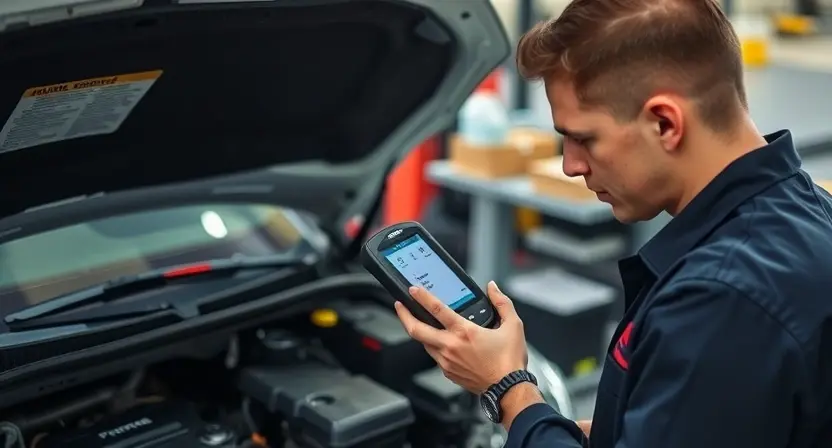 A professional mechanic examining a Toyota vehicle with a diagnostic scanner, focusing on the engine bay and dashboard warning lights, showing a sense of technical investigation and automotive repair