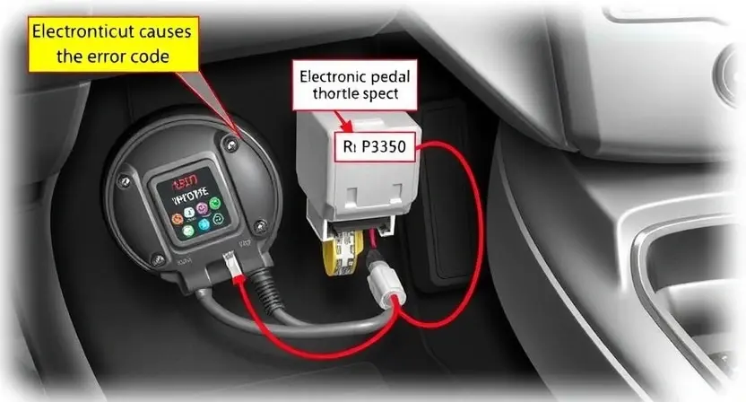 A detailed illustration of a car's electronic throttle pedal and its connection to the vehicle's computer system, highlighting the potential causes of a P3350 error code. Focus on the electronic components and wiring.