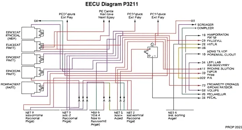 A detailed schematic diagram illustrating the P3211 error code in a vehicle's engine control unit (ECU). The diagram should show the relevant sensors, actuators, and wiring associated with the error. Include visual cues to represent the error state, such as a highlighted component or a specific signal flow.