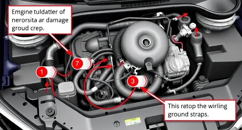 A detailed diagram illustrating a car's engine bay with highlighted wiring and ground connections. Focus on showing potential areas of corrosion or damage to wiring harnesses and ground straps. Include arrows pointing to specific points of concern. The overall image should be clean and informative, resembling an automotive repair manual illustration.