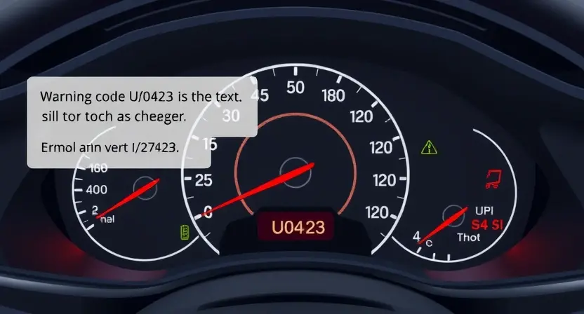 A high-quality technical illustration showing a car dashboard with warning lights and error codes, focusing on the instrument panel area, with clear visual representation of error code U0423 and related diagnostic symbols, clean technical style, no text or numbers on image
