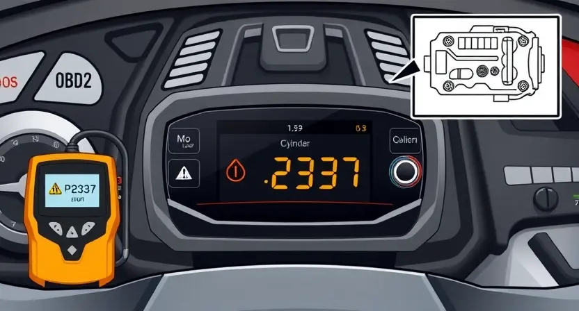 A high-quality technical illustration showing a modern engine control unit with highlighted cylinder 2, displaying a warning light or error code P2337, surrounded by diagnostic tools like an OBD2 scanner and engine diagram, clean and professional, no text or numbers on image