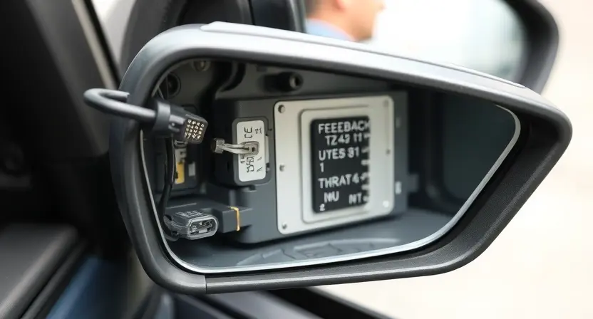 A detailed close-up of a car's side mirror with visible wiring and connectors, showing signs of wear or damage. The mirror should be partially disassembled to reveal the internal components, highlighting the feedback circuit. The background should be a generic car interior or exterior, slightly blurred to focus on the mirror.