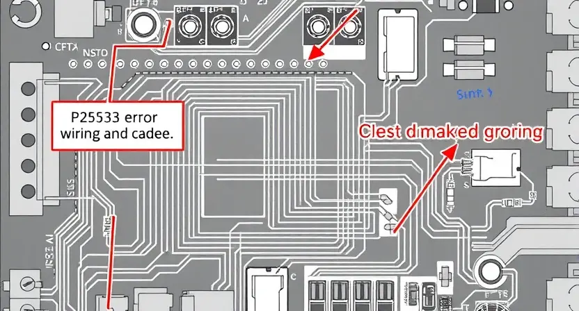 A detailed schematic diagram of an automotive ignition system circuit board, highlighting the P2533 error code and damaged wiring. Focus on the circuit board components, wires, and potential points of failure.