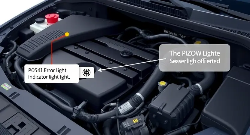 A detailed illustration of a car's engine bay, highlighting the P0541 error code indicator light. The engine should be partially visible, showcasing various components like hoses, wires, and sensors. Focus on the error light being illuminated.
