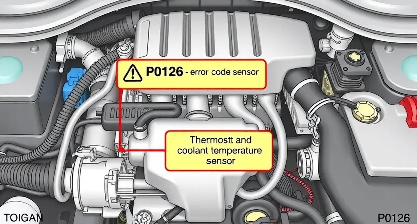 A detailed illustration of a car's engine control system with a highlighted error code P0126, showing the thermostat and coolant temperature sensor. The image should depict the engine components in a realistic and technical manner, emphasizing the areas related to the error code.