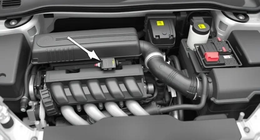 A detailed illustration of a car's engine bay, highlighting the Mass Airflow Sensor (MAP sensor). The sensor should be clearly visible, with arrows pointing to its location and connections. Include surrounding engine components for context, such as intake manifold and air filter box. Focus on a clean, well-lit depiction of the sensor and its immediate environment.