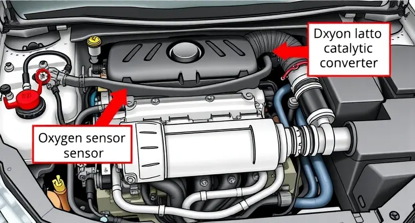 A detailed illustration of a car's engine bay, specifically highlighting the oxygen sensor and the catalytic converter. The engine should be partially visible, showing various components like hoses, wires, and belts. The focus should be on the parts related to the P0143 error code.