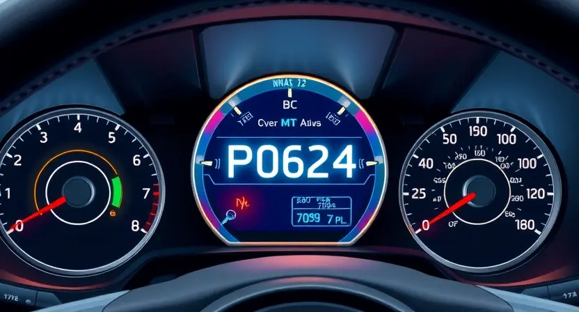 A detailed illustration of a car's dashboard showing a P0624 error message illuminated on the instrument cluster. The dashboard should be brightly lit, with a focus on the error message and surrounding gauges. The car's interior should be visible in the background, suggesting a typical vehicle environment.
