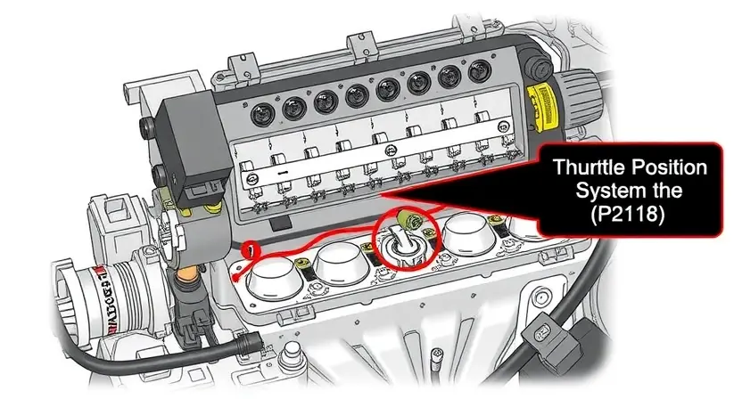 A detailed illustration of an engine control unit (ECU) with highlighted sensors and components related to the throttle position system. Focus on the physical connections and internal workings, emphasizing the area where the P2118 error might originate. Use a clean, technical visual style.