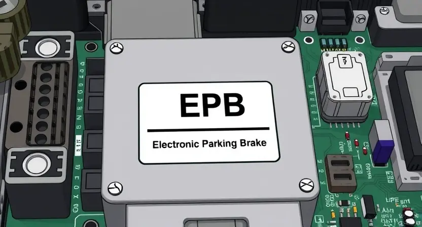 A close-up, detailed illustration of an electronic control unit (ECU) with visible circuit boards and connectors. Highlight the EPB (Electronic Parking Brake) module within the ECU. Use a slightly desaturated color palette to convey a technical and diagnostic feel. Focus on the physical components, not any text or labels.