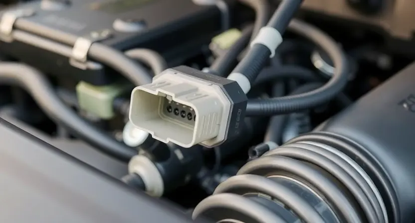 A close-up, detailed image of a car's engine bay. Focus on the mass airflow sensor (MAF sensor) and its surrounding wiring. The sensor should be clearly visible, with emphasis on its connectors and the clean, organized wiring harness. The background should show other engine components, slightly blurred, to maintain focus on the MAF sensor. The lighting should be bright and even, highlighting the details of the sensor and wiring.