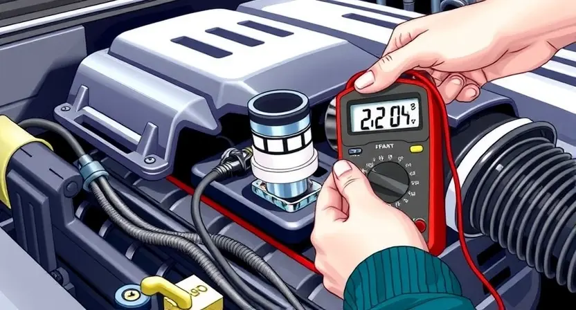 A close-up, detailed illustration of an engine bay with a focus on the Intake Air Temperature (IAT) sensor. The sensor should be clearly visible, along with associated wiring and hoses. Include a mechanic's hand holding a multimeter, poised to test the sensor. The background should show other engine components, but remain slightly blurred to keep the focus on the IAT sensor and the diagnostic process. The overall lighting should be bright and professional, suitable for a technical illustration.