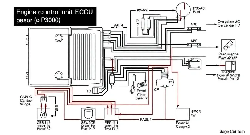 A detailed schematic diagram of a car's engine control unit (ECU) with a highlighted section indicating the P3000 error code. The diagram should show various components like sensors, actuators, and wiring connections. Focus on clarity and technical accuracy.