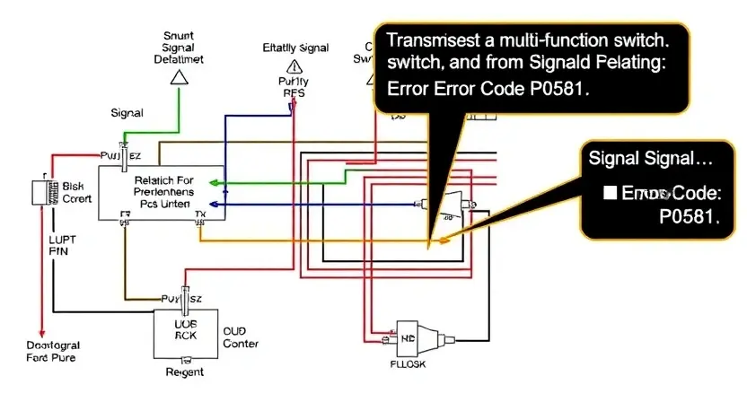 A detailed schematic diagram of an automotive electrical system, focusing on the transmission of signals from a multi-function switch. Highlight the potential for signal degradation and the connection to a related error code (P0581). Include visual representations of signal strength and error code indicators.