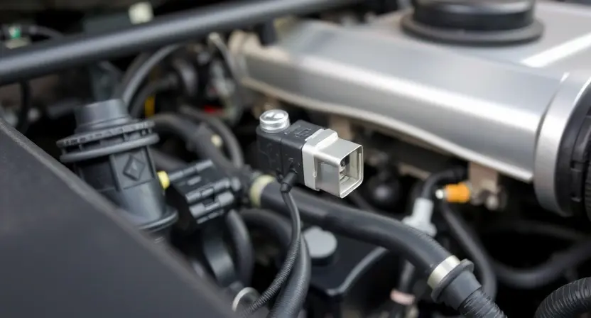 A close-up photograph of a car engine bay, focusing on the throttle position sensor and its wiring. The sensor should be clearly visible, along with the surrounding components like hoses and brackets. The overall lighting should be bright and even, highlighting the details of the engine components.
