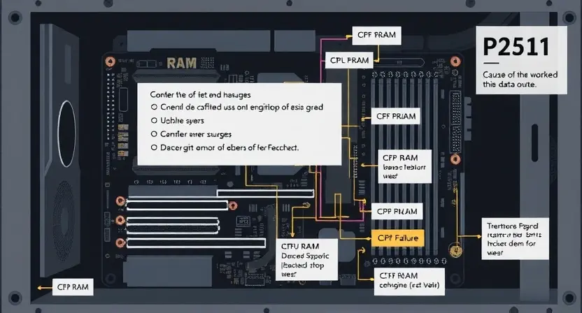 A detailed schematic diagram illustrating the P2521 error code in a computer system. The diagram should show the relevant components (CPU, RAM, motherboard, etc.) and highlight the potential causes of the error. Include visual cues to represent data flow and potential points of failure.