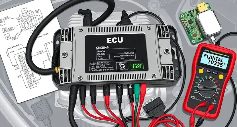 A detailed illustration of an engine control unit (ECU) with various diagnostic tools connected. The ECU should be prominently displayed, surrounded by wiring diagrams, circuit boards, and a multimeter. Focus on the components related to configuration parameters.