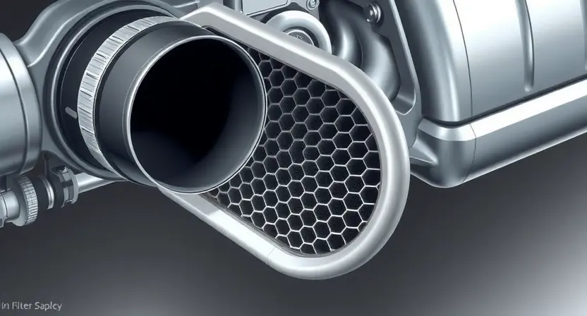 A close-up, detailed illustration of a diesel engine's DPF (Diesel Particulate Filter) system. The image should clearly show the filter itself, its internal structure (e.g., ceramic honeycomb), and the exhaust pipes connected to it. Focus on the filter's condition – ideally, a slightly dirty filter to represent a typical scenario where regeneration issues arise. Include subtle visual cues indicating airflow through the system. The background should be a clean, neutral metallic surface.