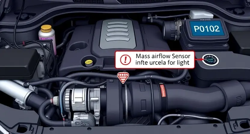 A detailed illustration of an automotive engine bay with a focus on the P0102 error code indicator light. The engine should be partially disassembled, revealing the mass airflow sensor and related wiring. Include visual cues representing the error code, such as a highlighted light or a diagnostic tool displaying the code.