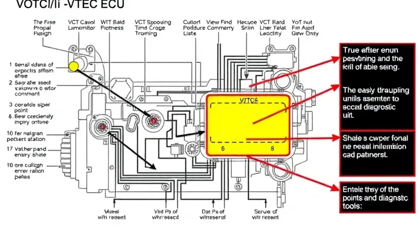 A detailed schematic diagram of an engine control unit (ECU) with highlighted areas representing VTEC/i-VTEC components. Include visual cues indicating potential error points and diagnostic tools.