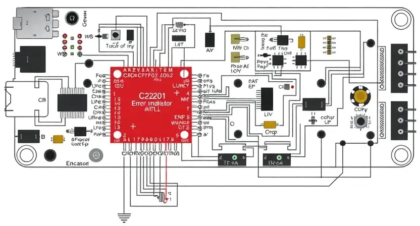 A detailed schematic diagram of a microcontroller module, highlighting the C2201 error indicator and its associated circuitry. The diagram should be clean, professional, and easy to understand. Focus on the electronic components and their connections.
