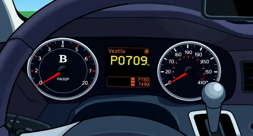 A detailed illustration of a car's dashboard with a diagnostic code display showing P0709. The dashboard should be brightly lit and clearly show the code, along with relevant car components like the steering wheel, instrument cluster, and gear selector.