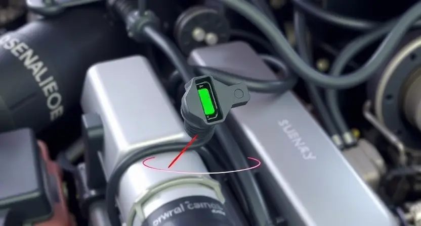 A detailed illustration of a car's engine bay, focusing on the coolant level sensor. The sensor should be clearly visible, with a visual representation of the signal range (high and low) indicated by color coding (green for normal, red for out of range). Include wiring and hoses relevant to the sensor. The background should be slightly blurred to emphasize the sensor.