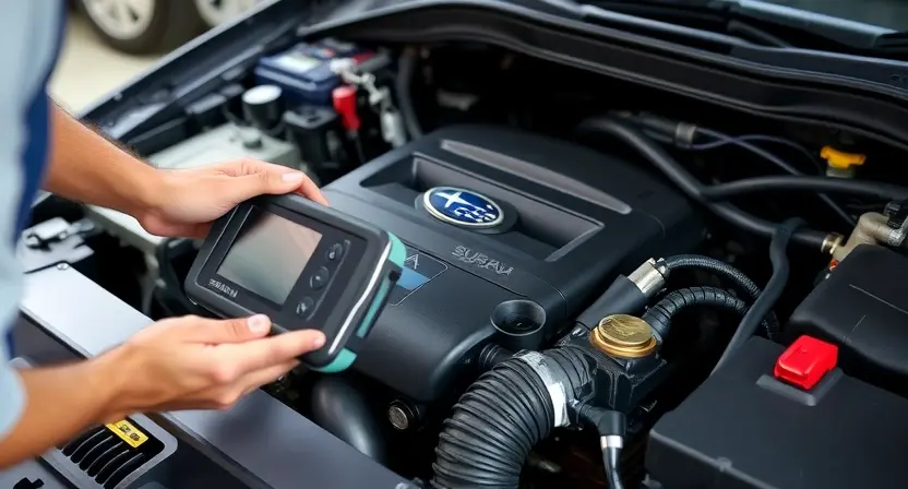 A close-up shot of a Subaru engine bay with a mechanic inspecting it using a diagnostic tool. Focus on the engine components and wiring. The background should be slightly blurred to emphasize the engine.