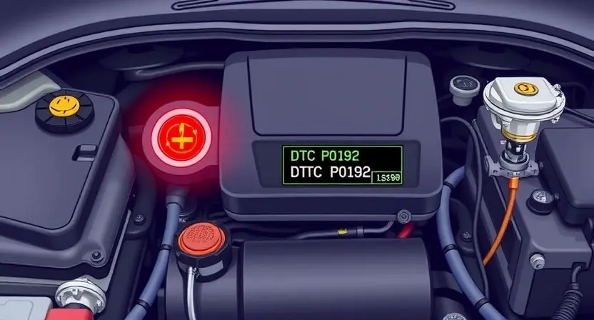 A detailed illustration of a car's engine bay with a check engine light illuminated. Focus on the diagnostic trouble code (DTC) P0192 displayed on a digital dashboard. Include visual cues representing fuel system issues, such as a fuel pump or fuel injectors.