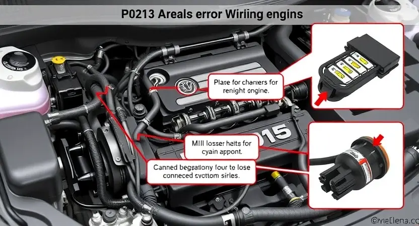 A detailed illustration of an automotive engine bay, focusing on the wiring harness and potential areas for a P0213 error. Include close-ups of connectors and wires, highlighting any signs of damage or loose connections. The background should be slightly blurred to emphasize the engine components.