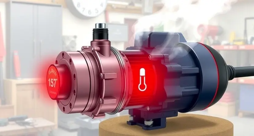 A detailed illustration of an electric power steering motor with a temperature sensor, showing overheating symptoms like a red glowing sensor and steam rising from the motor. The background should be a workshop environment with tools and equipment.
