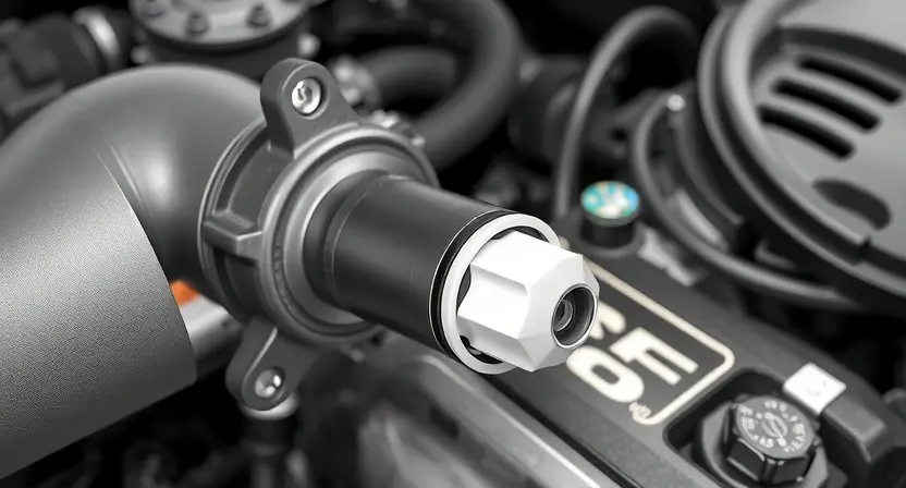 A close-up, detailed illustration of a car's engine bay, focusing on the Mass Air Flow (MAF) sensor and its associated wiring. The sensor should be clearly visible, along with the air intake duct leading to it. The background should show other engine components, but blurred to keep the focus on the MAF sensor. The lighting should be bright and even, highlighting the sensor's details. The overall impression should be technical and informative, suitable for a repair manual or diagnostic guide.