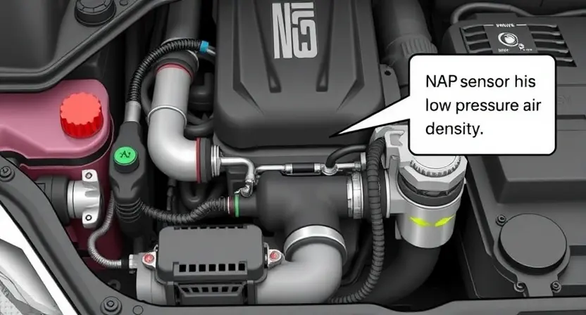 A detailed illustration of a car's engine bay, focusing on the MAP sensor and its connection to the intake manifold. Include visual cues representing low barometric pressure, such as a subtle atmospheric haze or a visual representation of air density. The engine should be clean and well-lit, showcasing the components clearly.