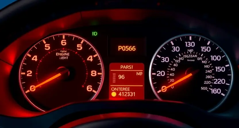 A detailed illustration of a car's dashboard showing a check engine light illuminated and a P0566 error code displayed on the instrument cluster. The dashboard should be brightly lit, and the car's interior should be slightly blurred in the background. Focus on the error code and the illuminated light.